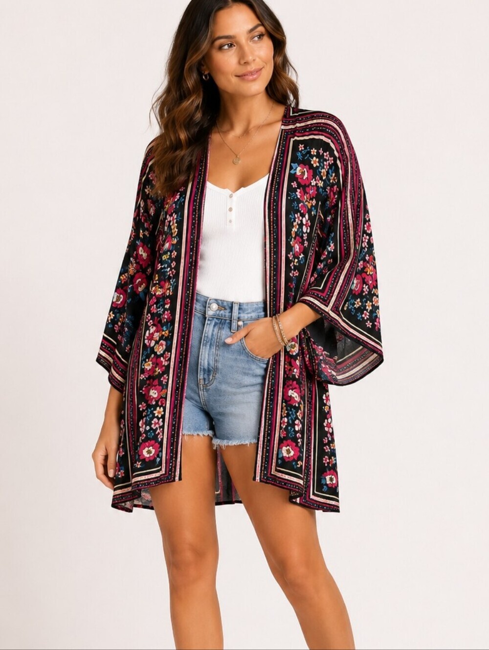Angie Floral Boho Chic Kimono Black and Pink Sz Large